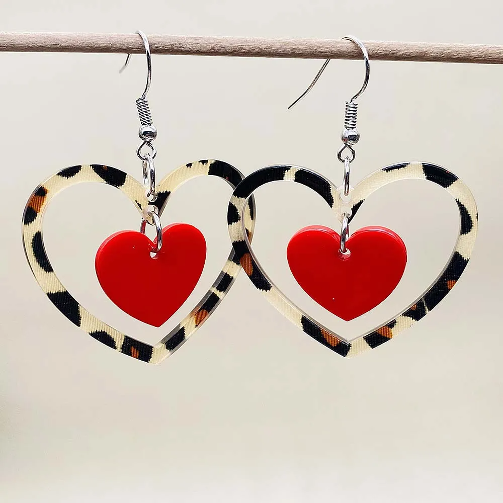 Valentine Day Fashion Leopard Heart-Shaped Acrylic Earrings