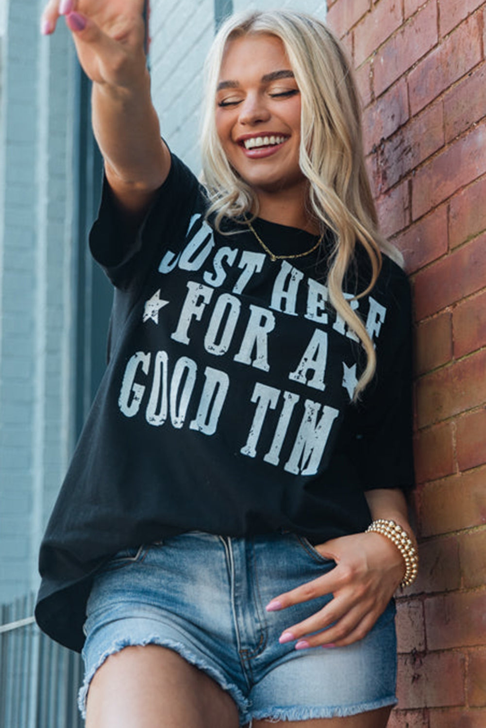 Black Just Here For A Good Time Graphic Round Neck T Shirt