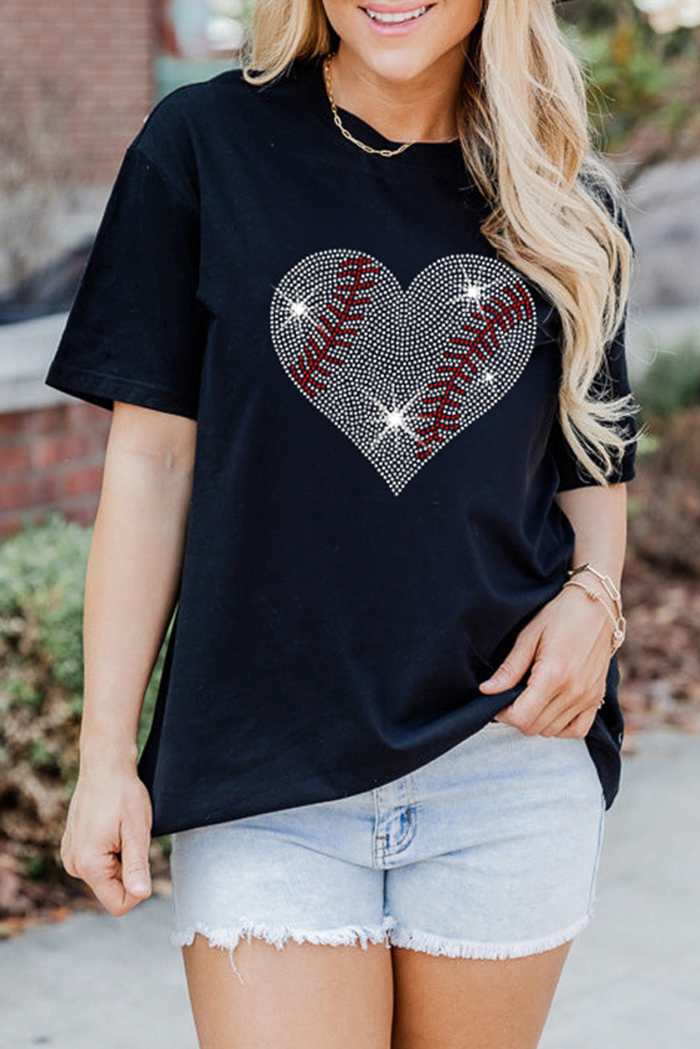 Black Rhinestone Baseball Heart Shape Graphic T Shirt