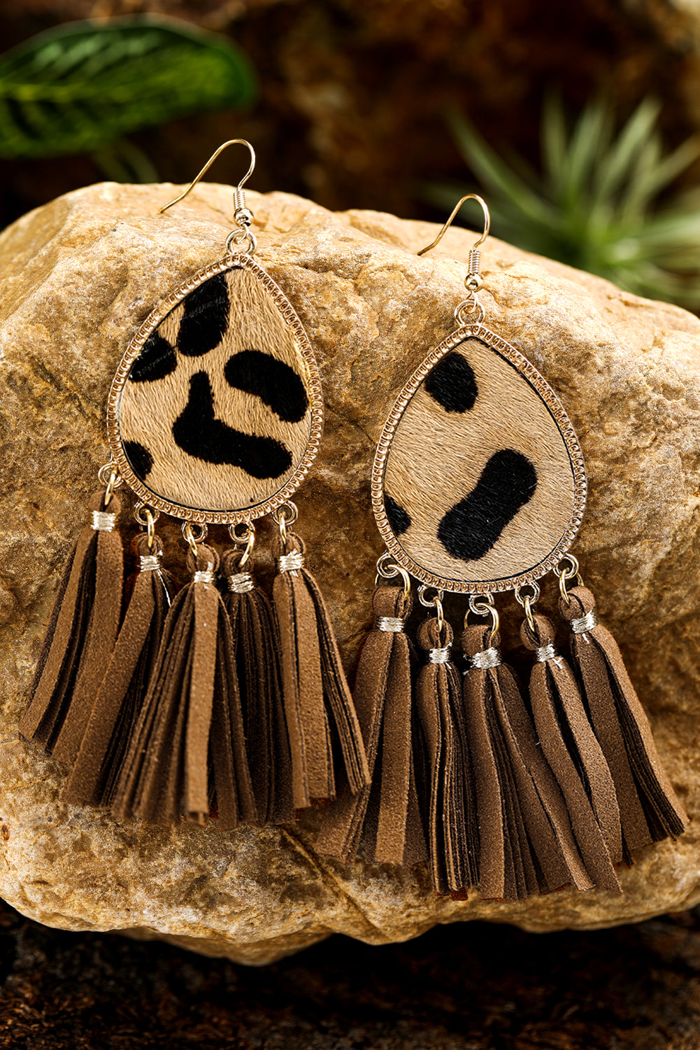 Honey Gold Leopard Print Tassel Hook Earrings