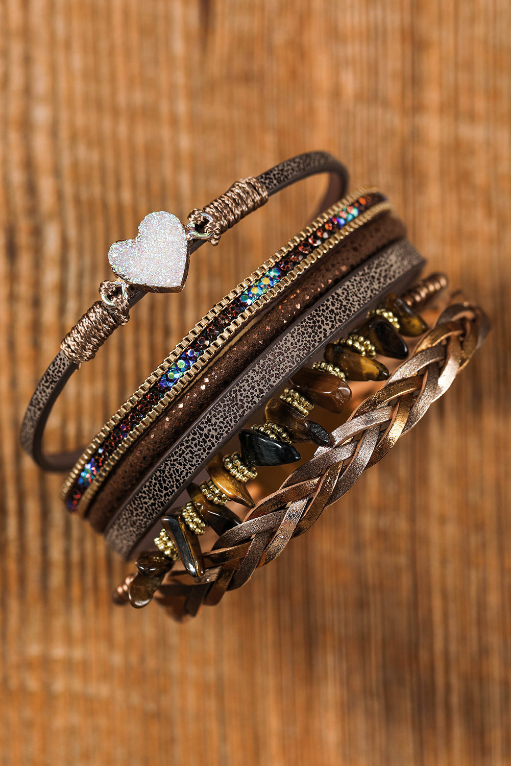 Brown Glittering Heart Accent Multi-layer Vintage PU Bracelet