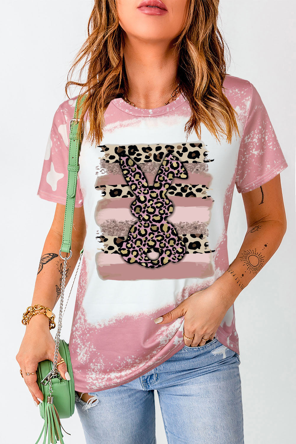 Pink Tie Dye Contrast Leopard Rabbit Graphic T Shirt