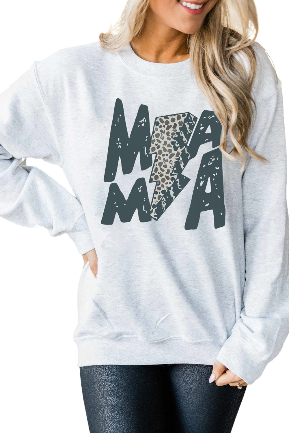 Gray MAMA Lightning Leopard Print Long Sleeve Sweatshirt