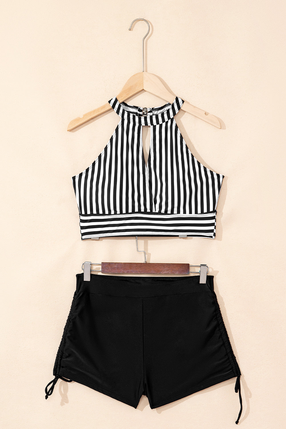 Black Striped Halter Top Drawstring Ruched High Waisted Bikini