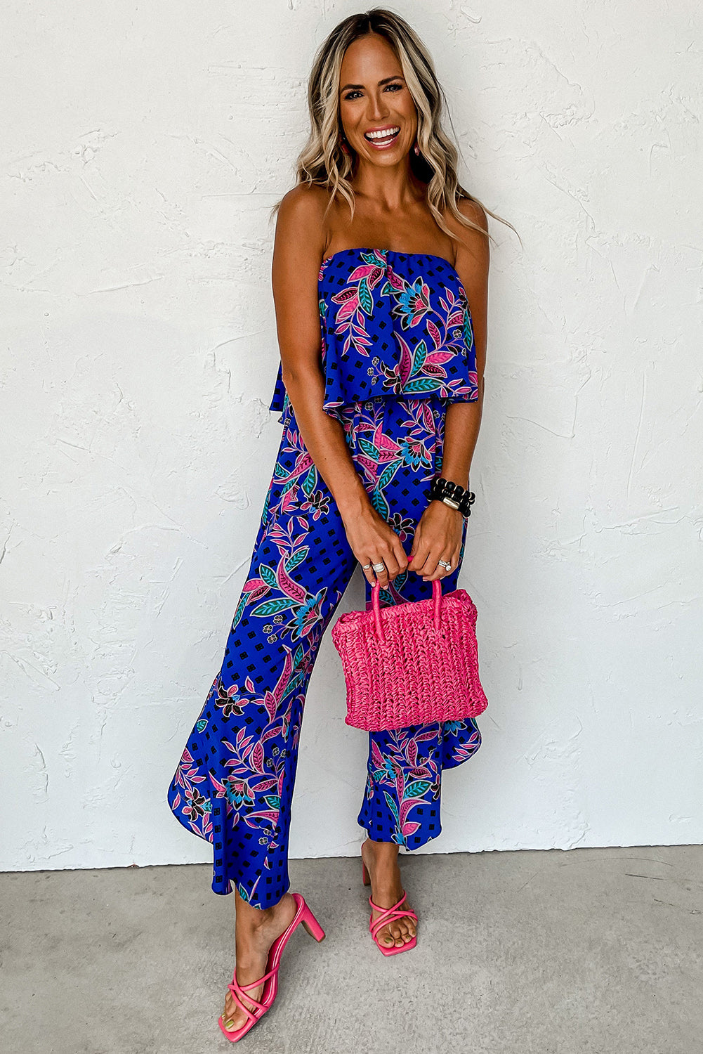 Green Mix Tropical Print Strapless Ruffled Jumpsuit