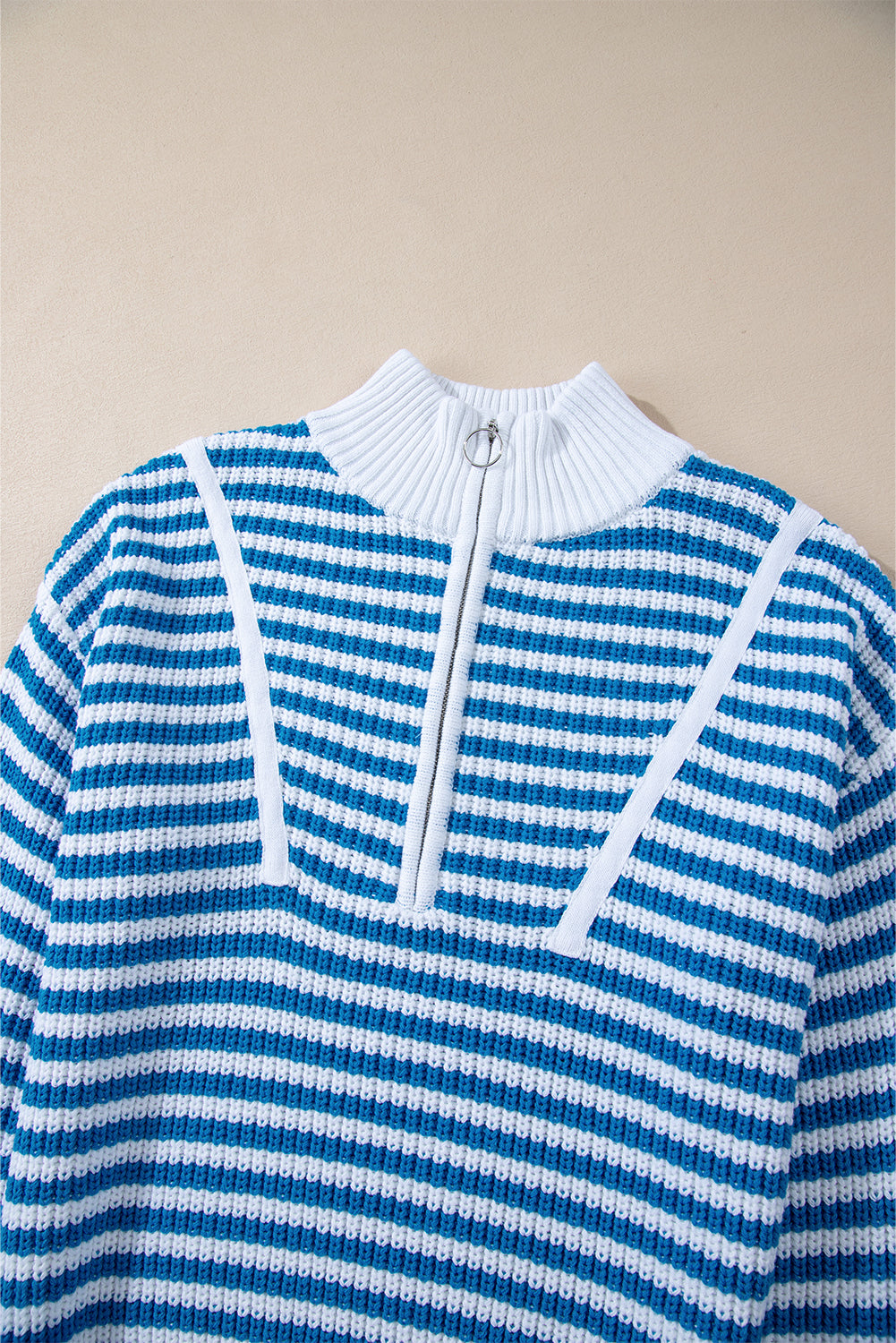 Pink Stripe Zip up Collar Drop Shoulder Sweater