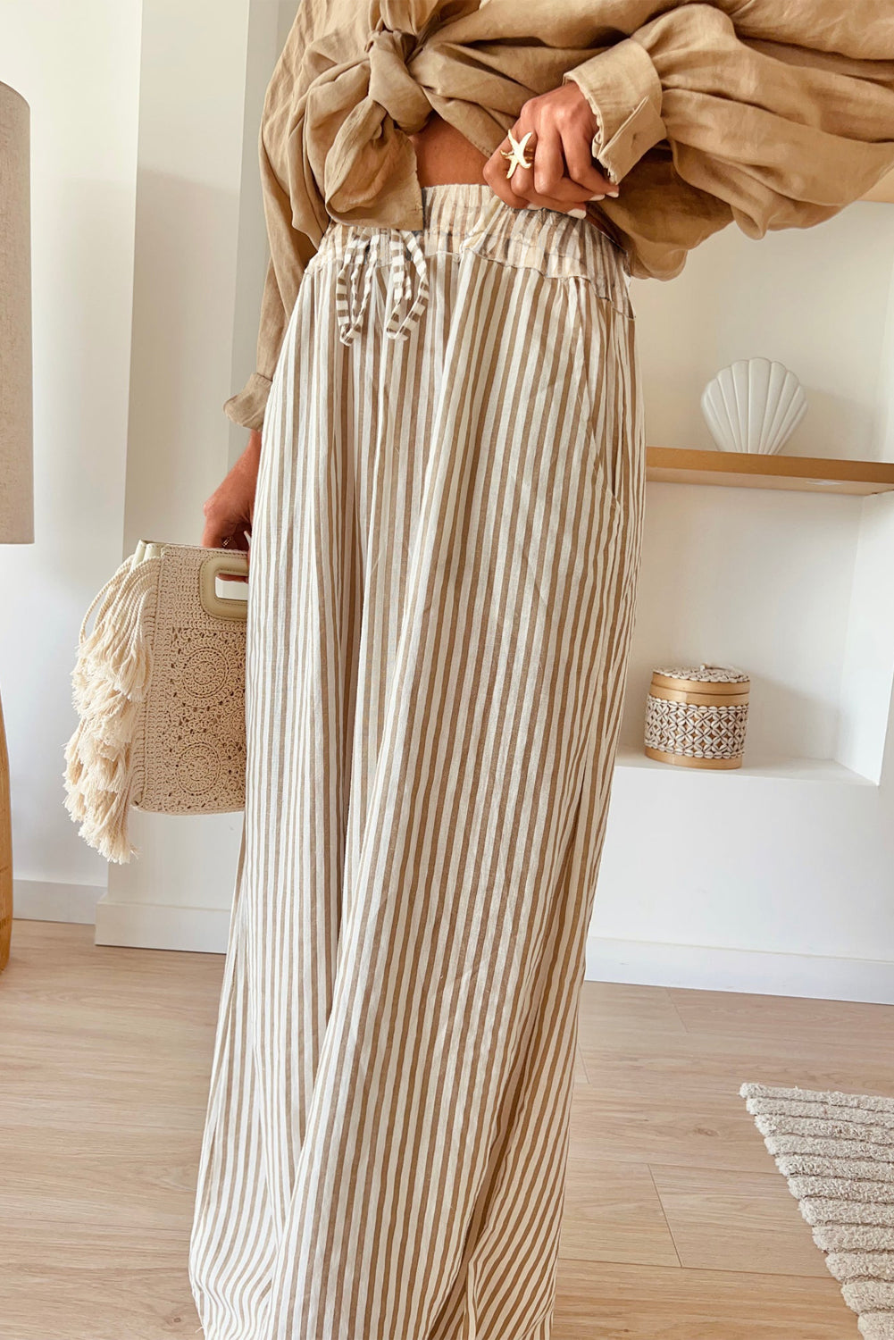 Khaki Striped Drawstring Waist Loose Pants