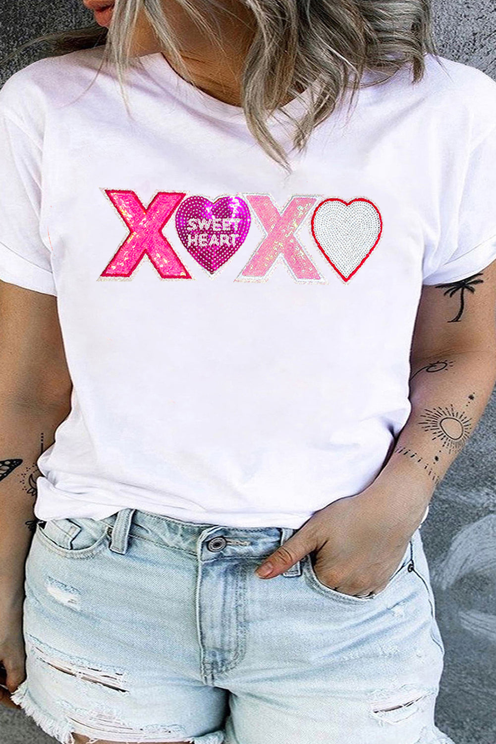 White Plus Size XOXO Heart Sequin Valentines Graphic T Shirt