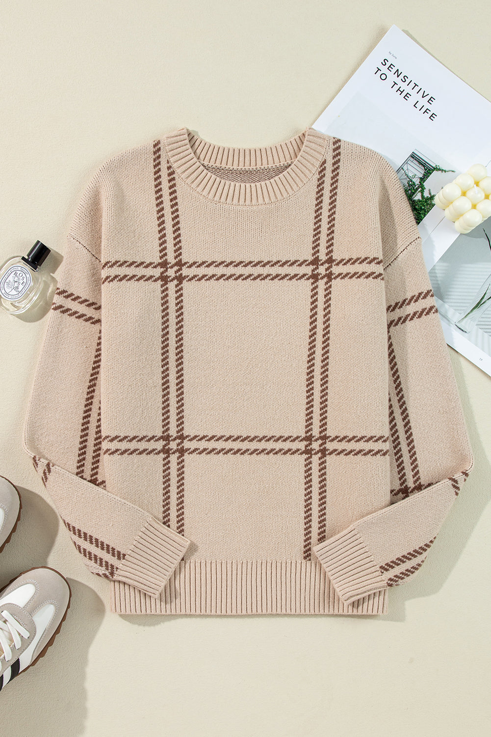 Pink Plaid Pattern Knitted Drop Shoulder Sweater