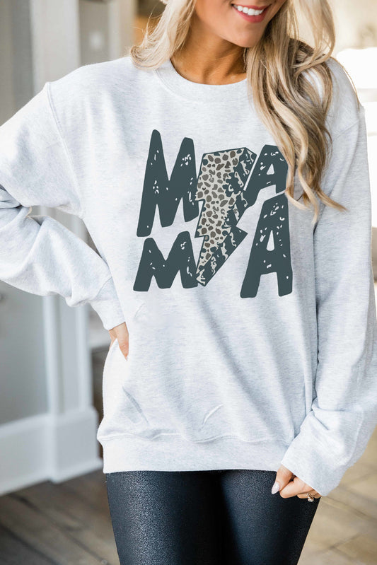 Gray MAMA Lightning Leopard Print Long Sleeve Sweatshirt