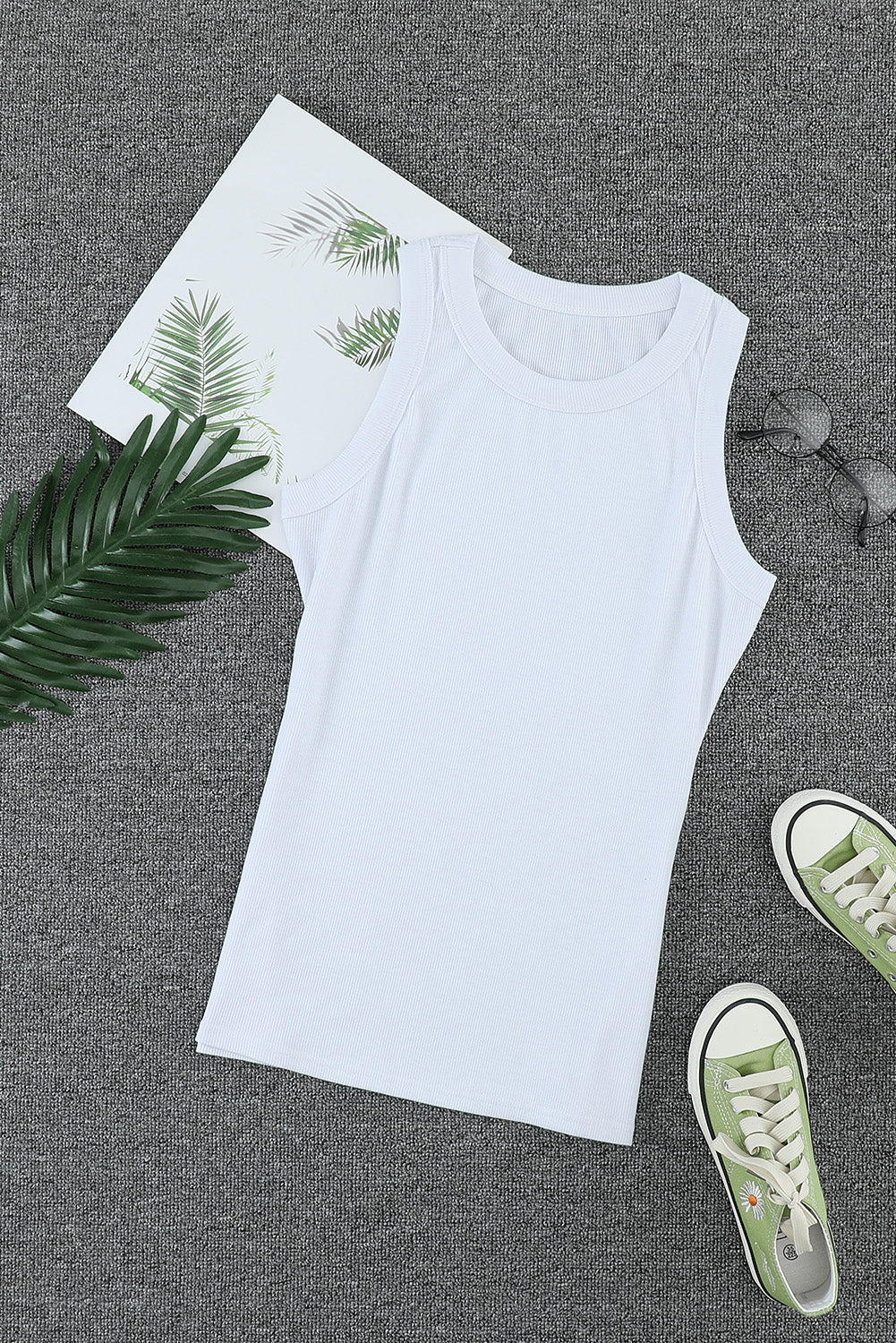 Plain White Solid Round Neck Ribbed Tank Top