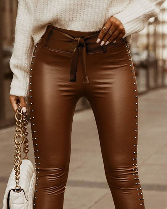 Studded Tied PU Leather High Waist Pants