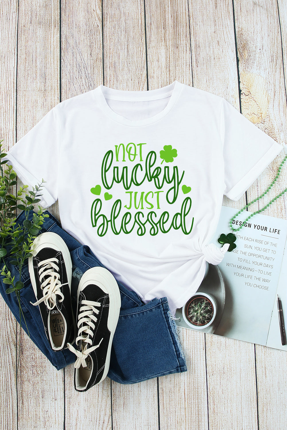 White St Patricks Not Lucky Just Blessed Graphic T-shirt