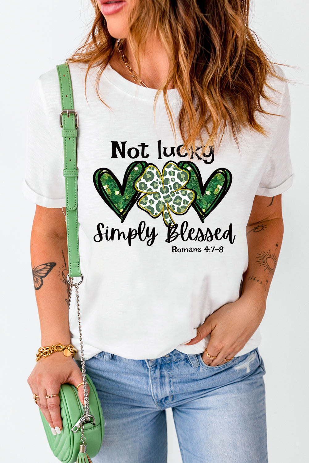 White Heart Leopard Clover Slogan Letters Graphic Tee