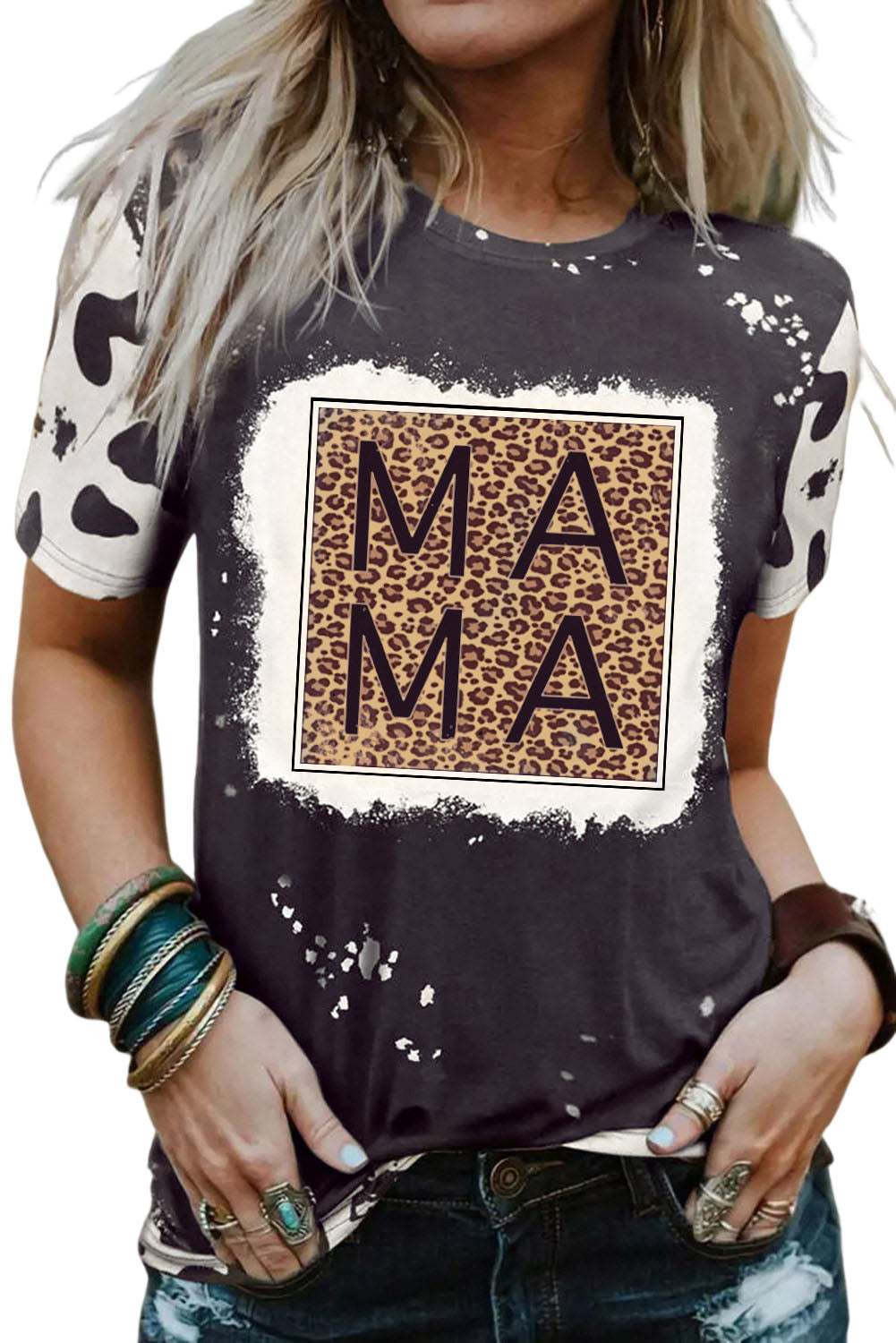 Black Leopard MAMA Graphic Tie Dye Casual Tee