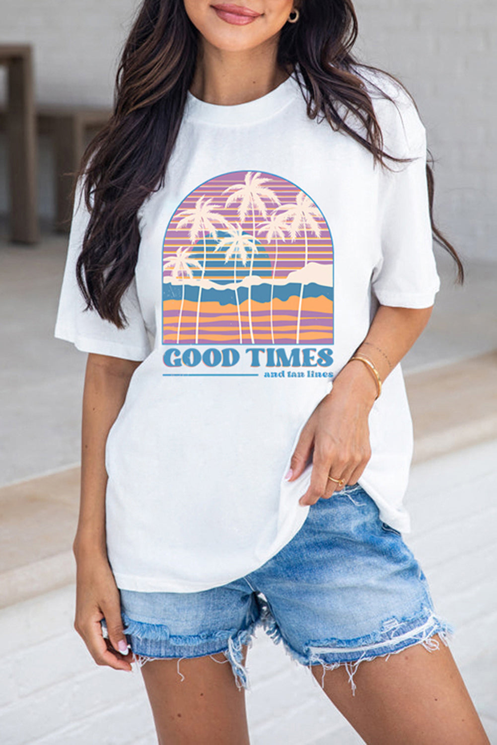 White Coconut Tree GOOD TIMES Graphic Crewneck T Shirt