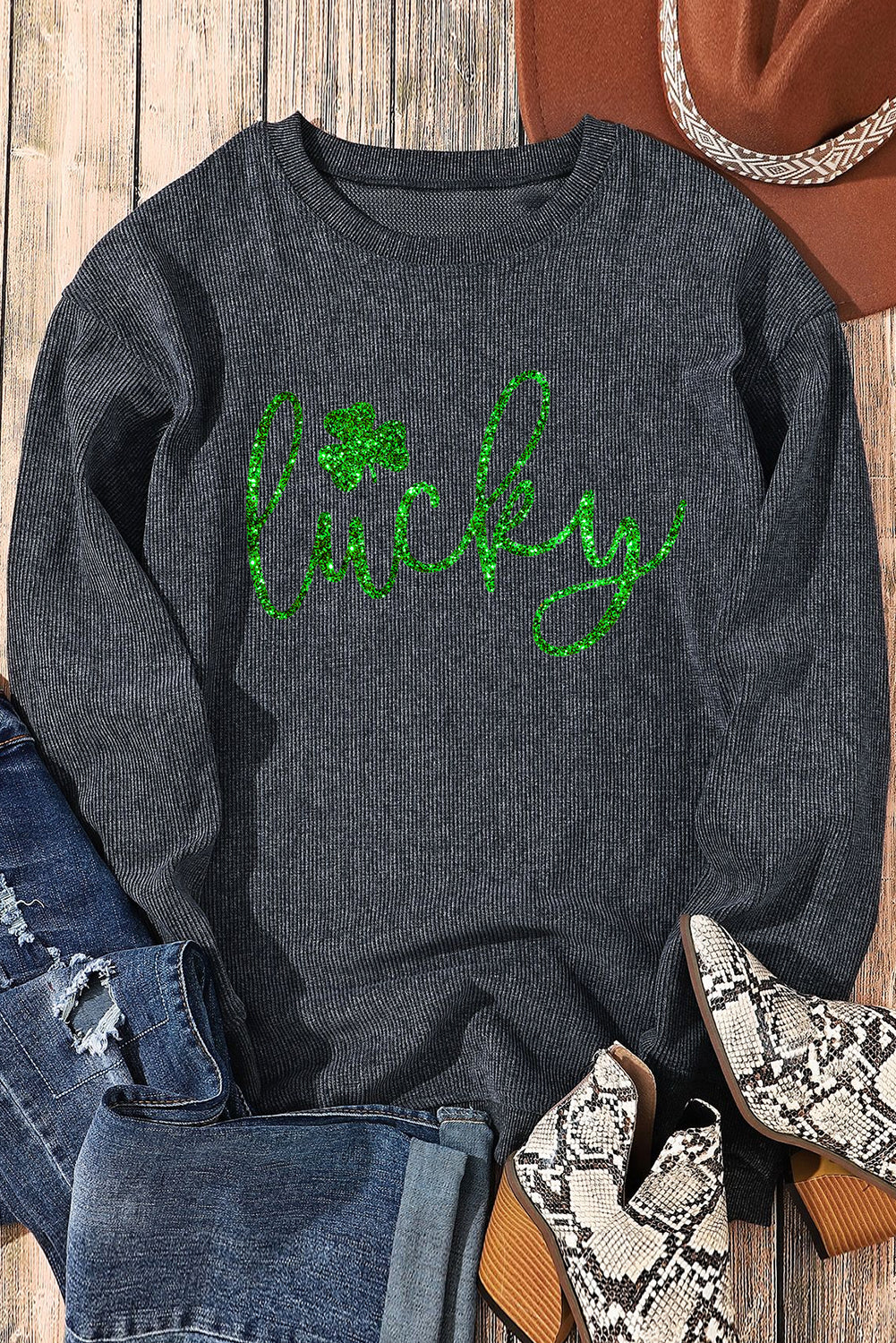 Black Shiny Lucky Clover Graphic Corded Drop Shoulder Sweatshirt