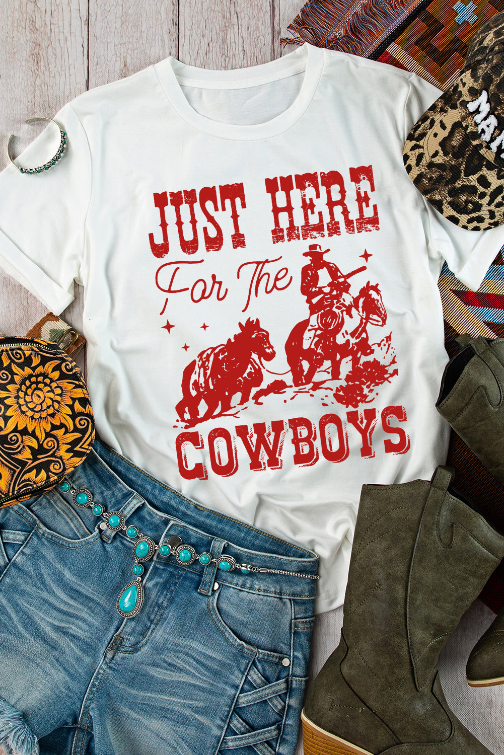 White JUST HERE For THE COWBOY Crew Neck T Shirt