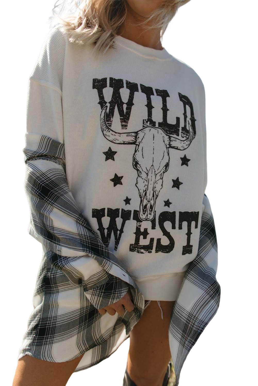 White WILD WEST Steer Skull Graphic Ribbed Sweatshirt