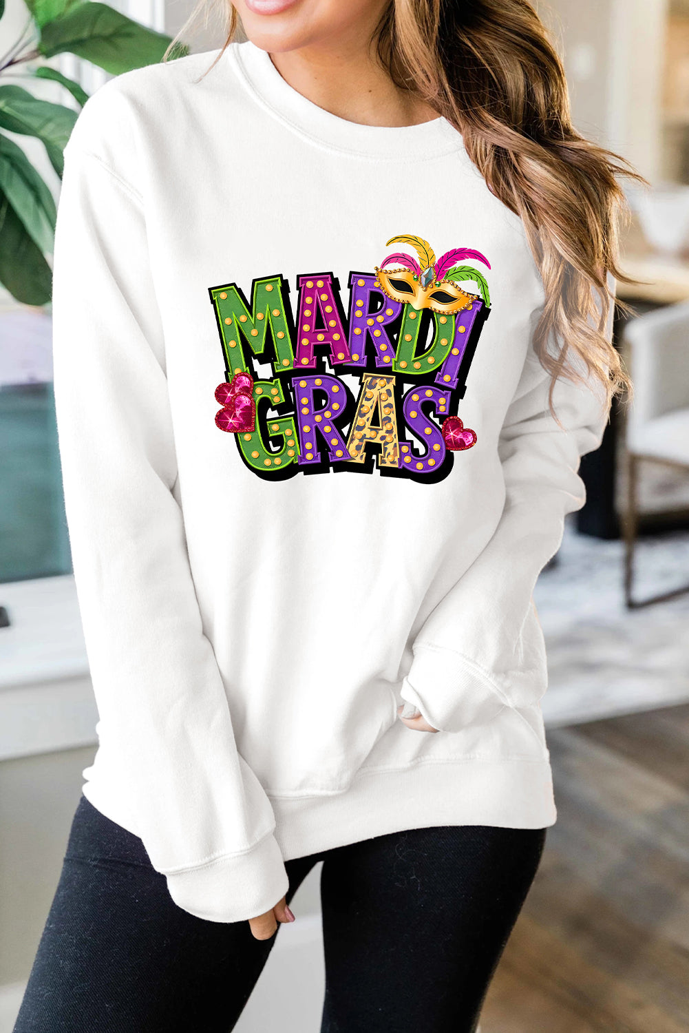 White MARDI GRAS Graphic Heat Transfer Pullover Sweatshirt