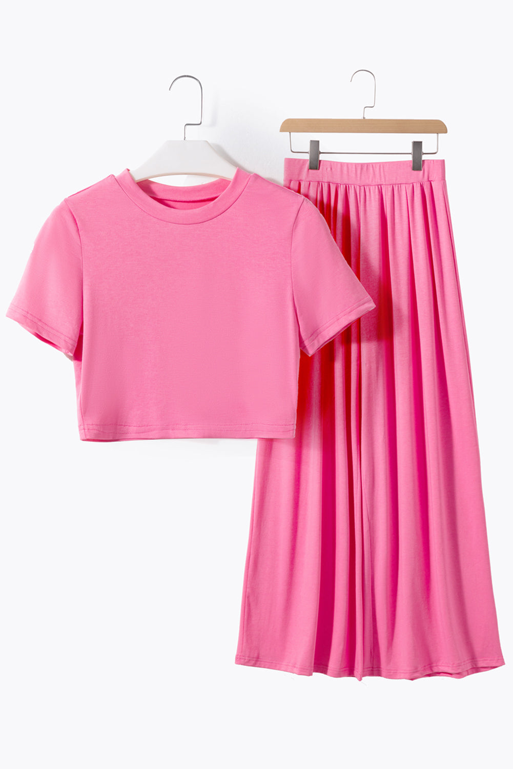 Strawberry Pink Plain Slim Fit Crop Top And Wide Leg Pants Set