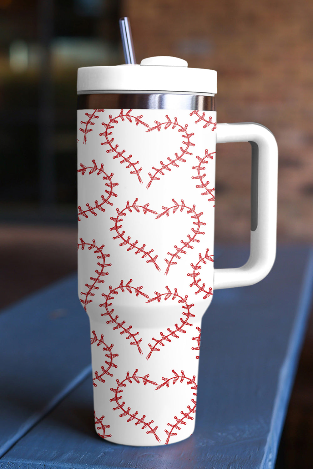 White Heart-shaped Baseball Stainless Thermos Cup with Handle 40oz