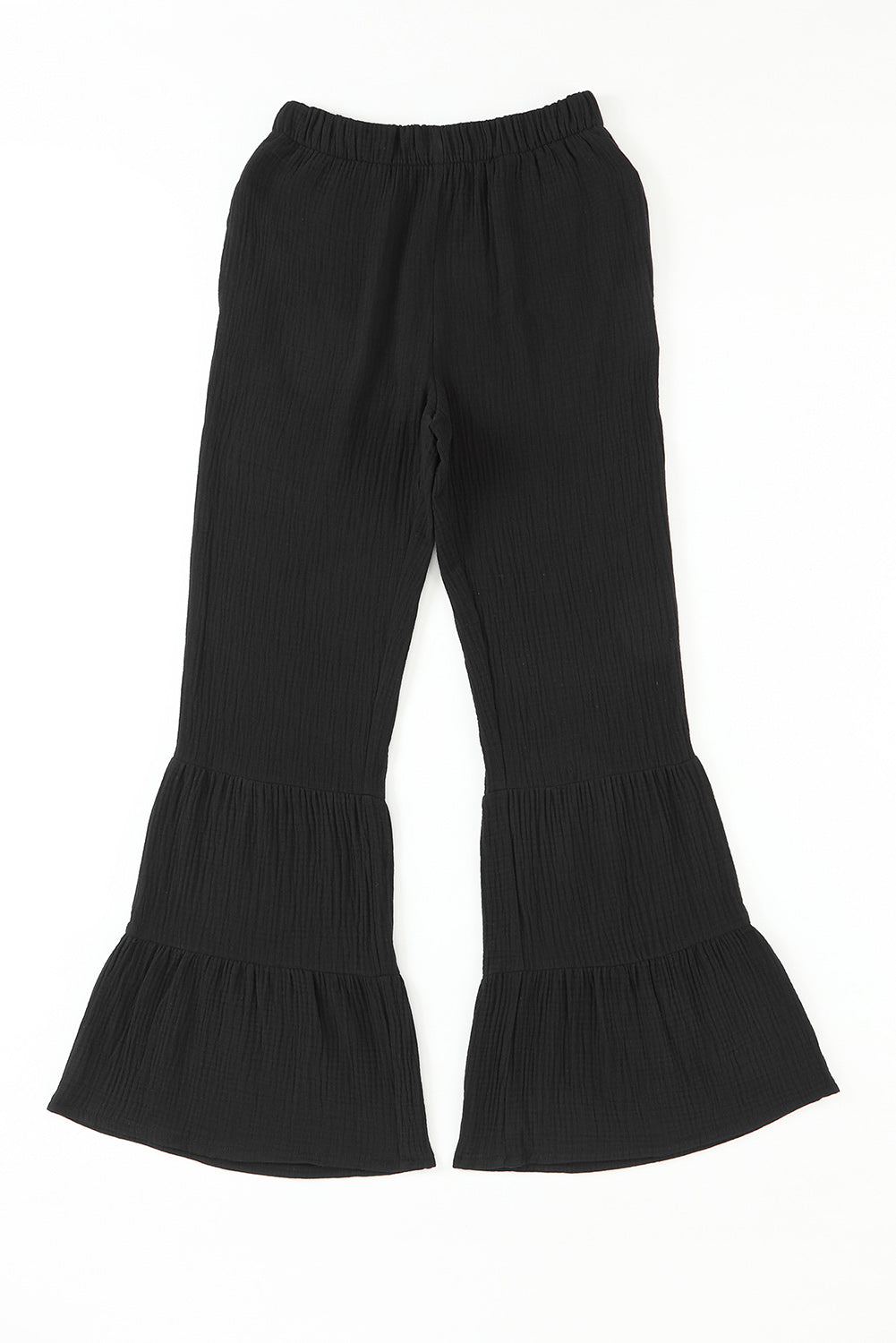 Black Plain Cotton Tiered Ruffle Flare High Waisted Pants