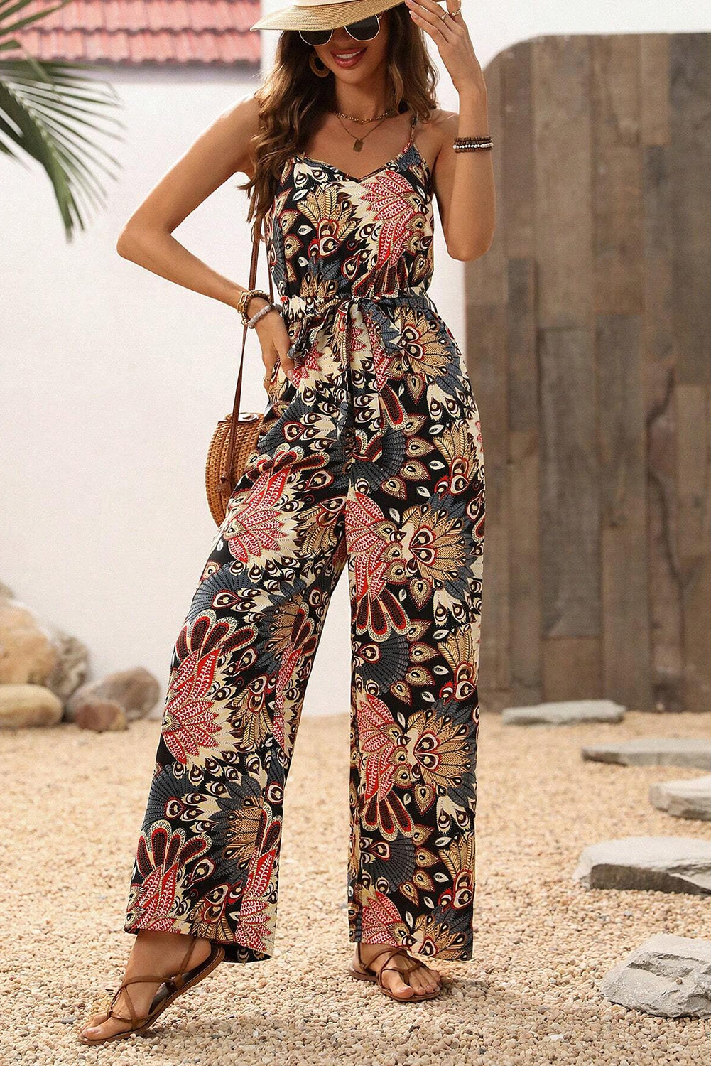 Black Floral Print Belted Sleeveless Wide Leg Jumpsuit