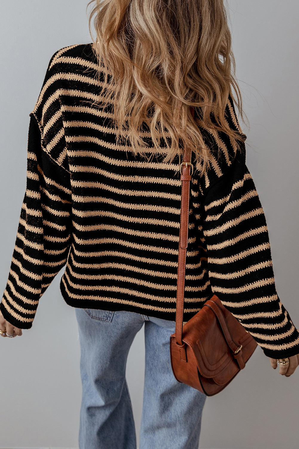 Black Stripe Drop Shoulder Round Neck Loose Sweater