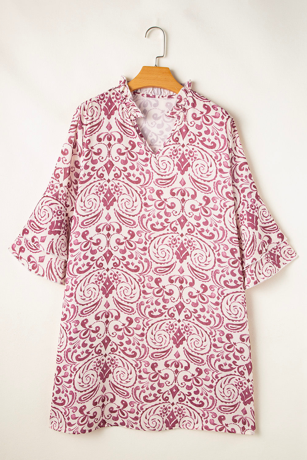 Pink Paisley Print Tiered 3/4 Sleeve Notched Neck Short Dress