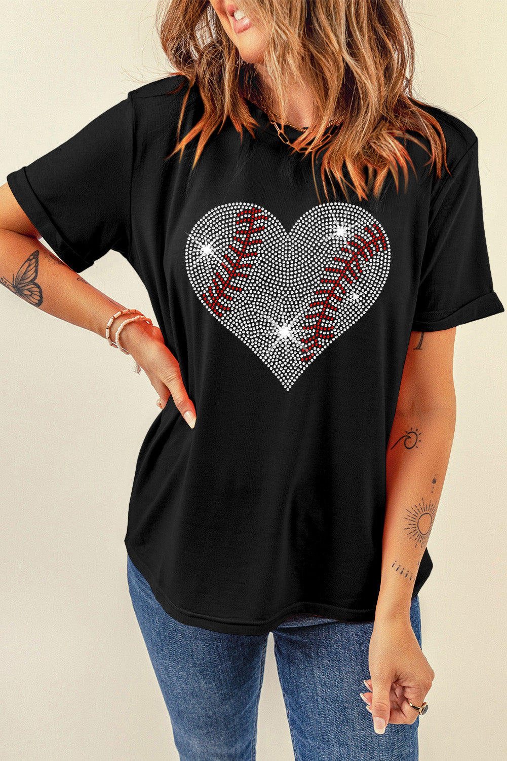 Black Rhinestone Baseball Heart Shape Graphic T Shirt