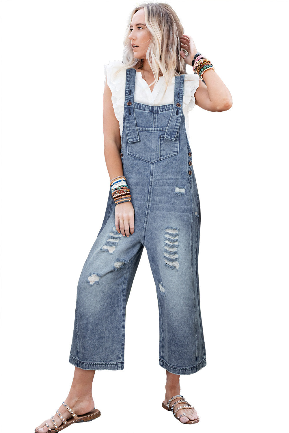 Black Distressed Bib Pocket Wide Leg Denim Overall