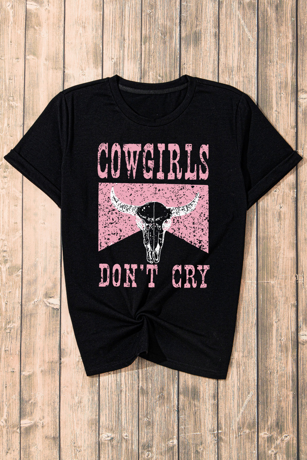 Black COWGIRL DONT CRY Steer Head Print Short Sleeve Top