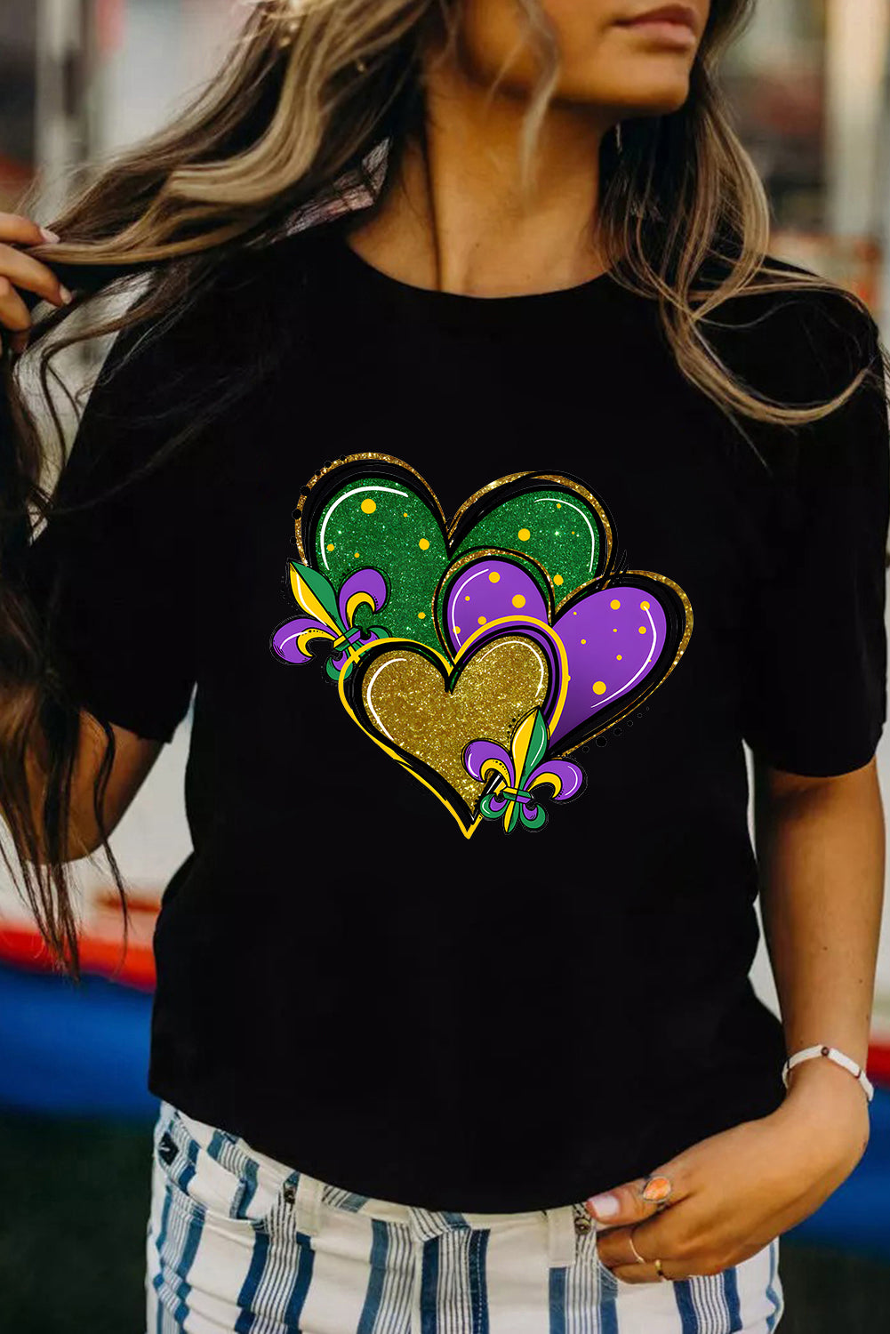 Black Fleur De Lis Heart Printed Mardi Gras T Shirt