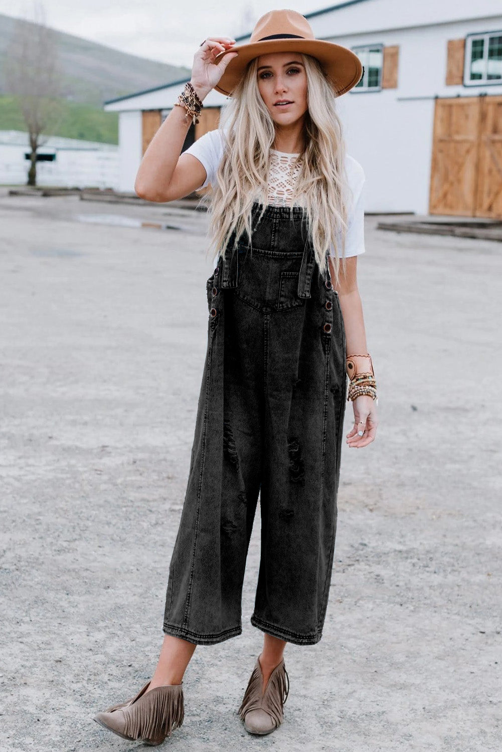 Black Distressed Bib Pocket Wide Leg Denim Overall