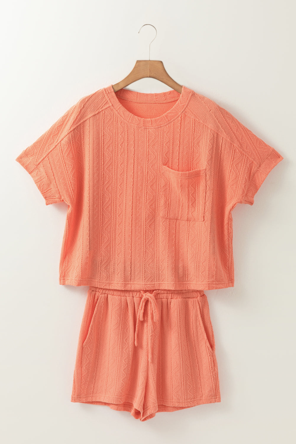 Pale Chestnut Textured Patched Pocket Short Sleeve Top and Drawstring Shorts Set