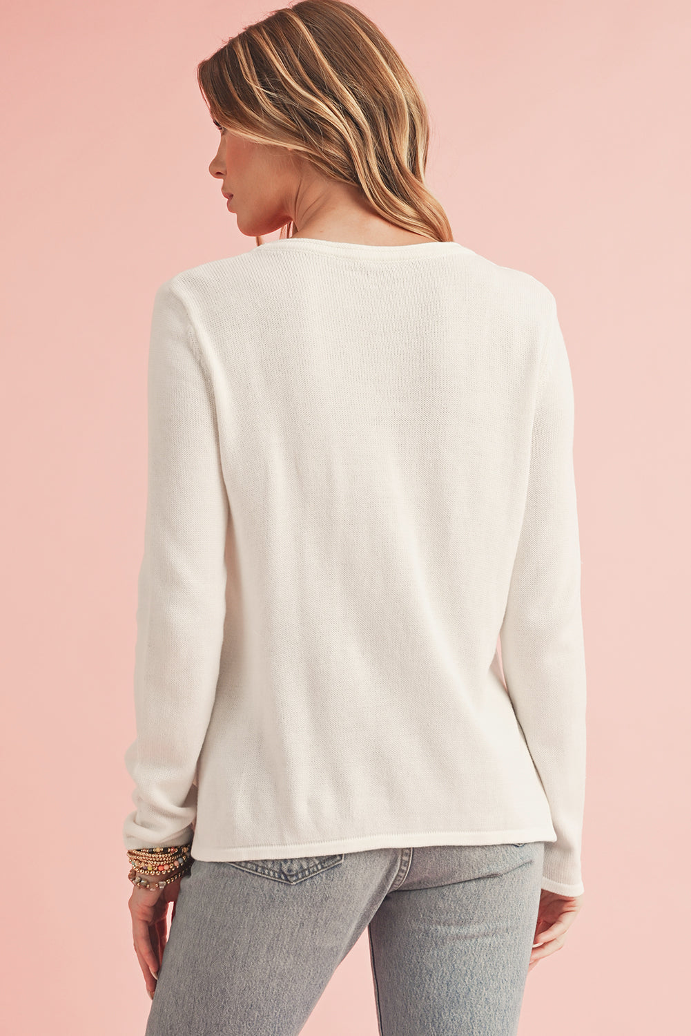 White Letter Print Round Neck Raw Edge Sweater