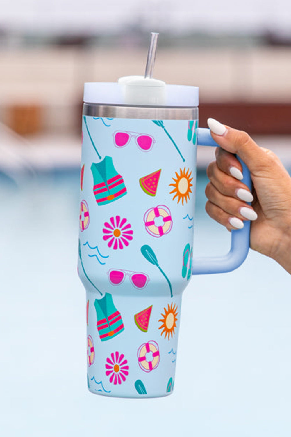 Light Blue Beach Day Fun Pattern Cup with Handle 40oz