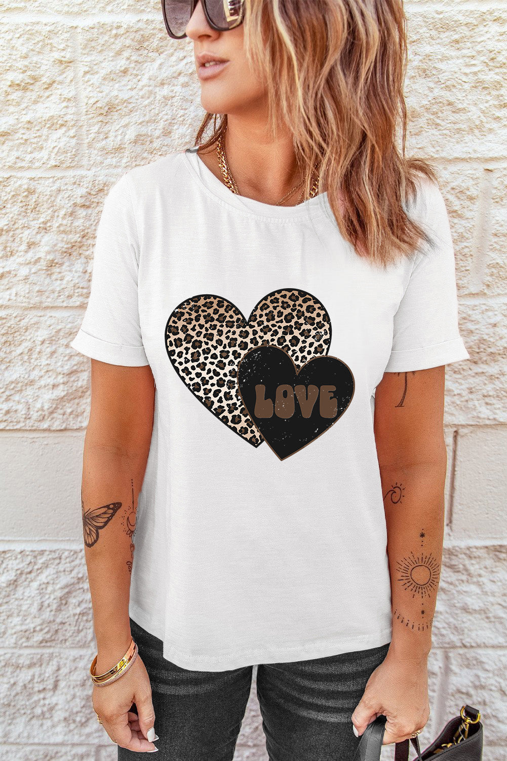 White LOVE Leopard Heart Graphic Crewneck Tee