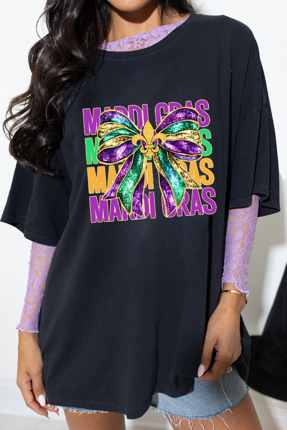 Black MARDI GRAS Bowknot Printed Crewneck Tee