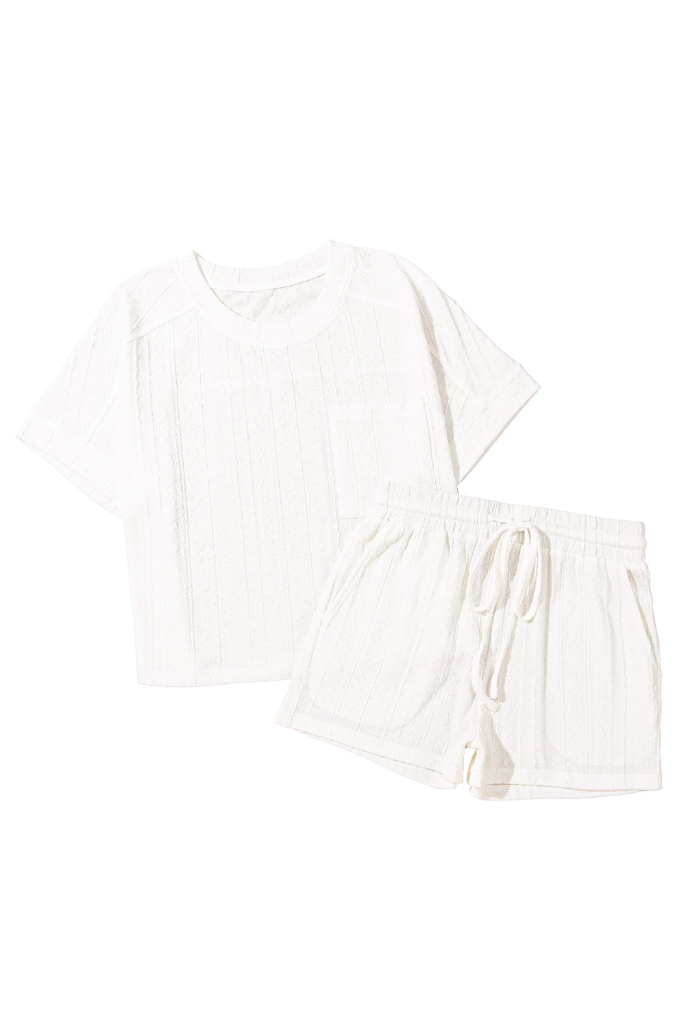 Pale Chestnut Textured Patched Pocket Short Sleeve Top and Drawstring Shorts Set