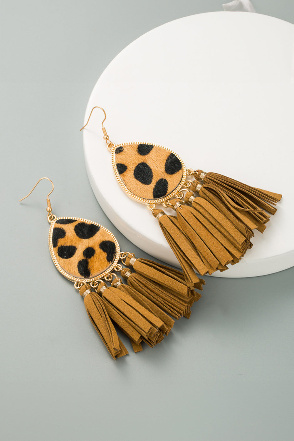 Honey Gold Leopard Print Tassel Hook Earrings