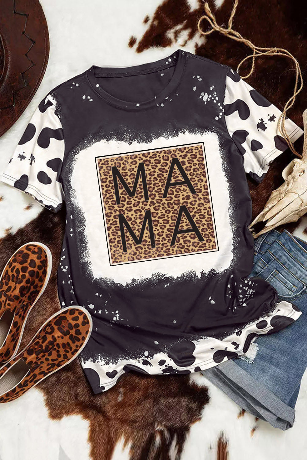 Black Leopard MAMA Graphic Tie Dye Casual Tee