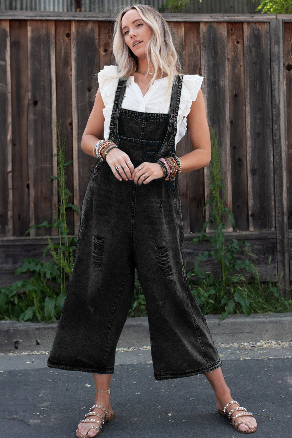 Black Distressed Bib Pocket Wide Leg Denim Overall