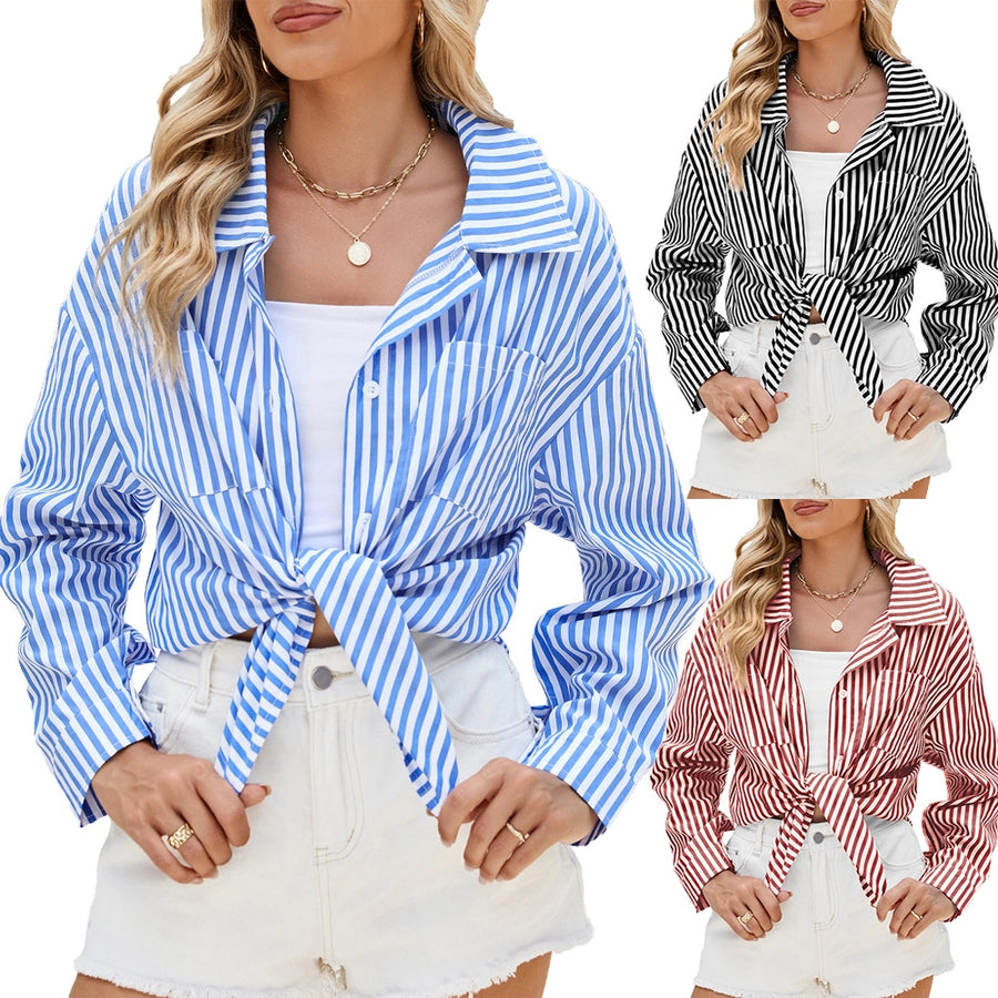 Long Sleeve Blouses Button Pin Stripe