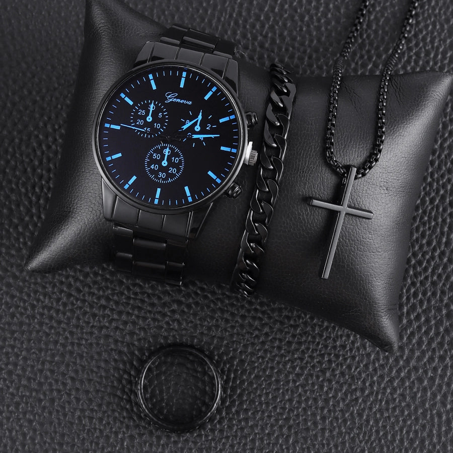 Men's Steel Strap Watch and Cross Pendant Necklace, Ring, Bracelet