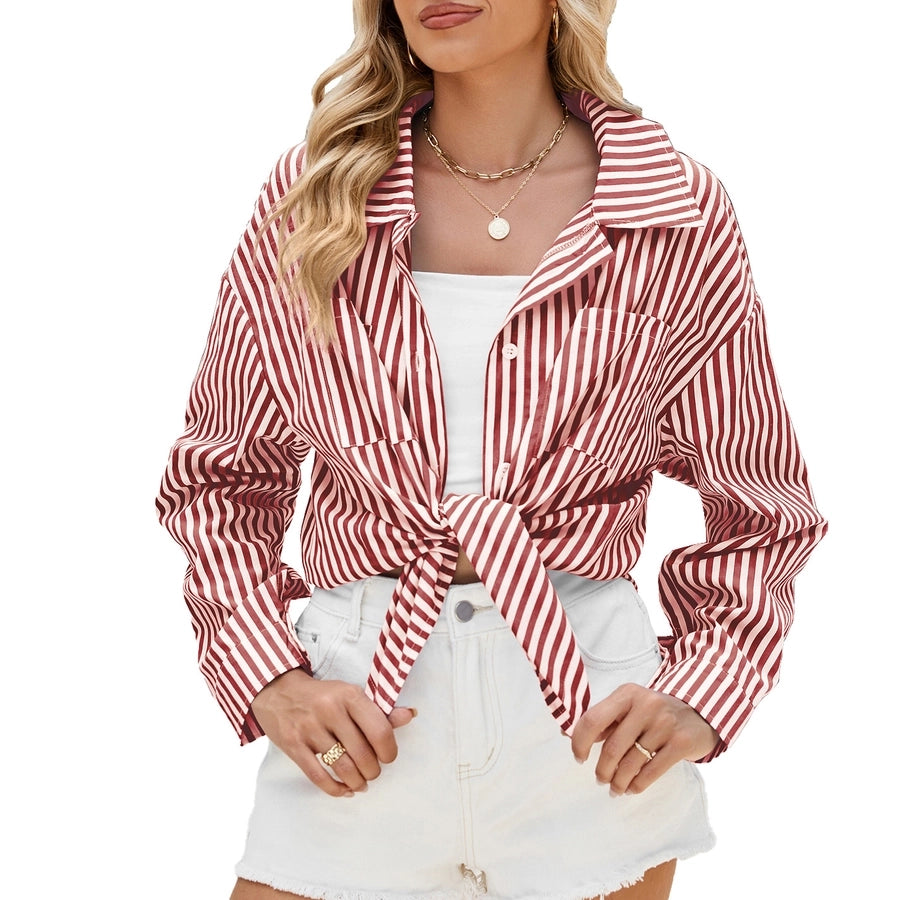 Long Sleeve Blouses Button Pin Stripe