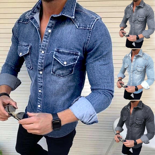 Men's Denim Style Turndown Long Sleeve Slim Men's Tops