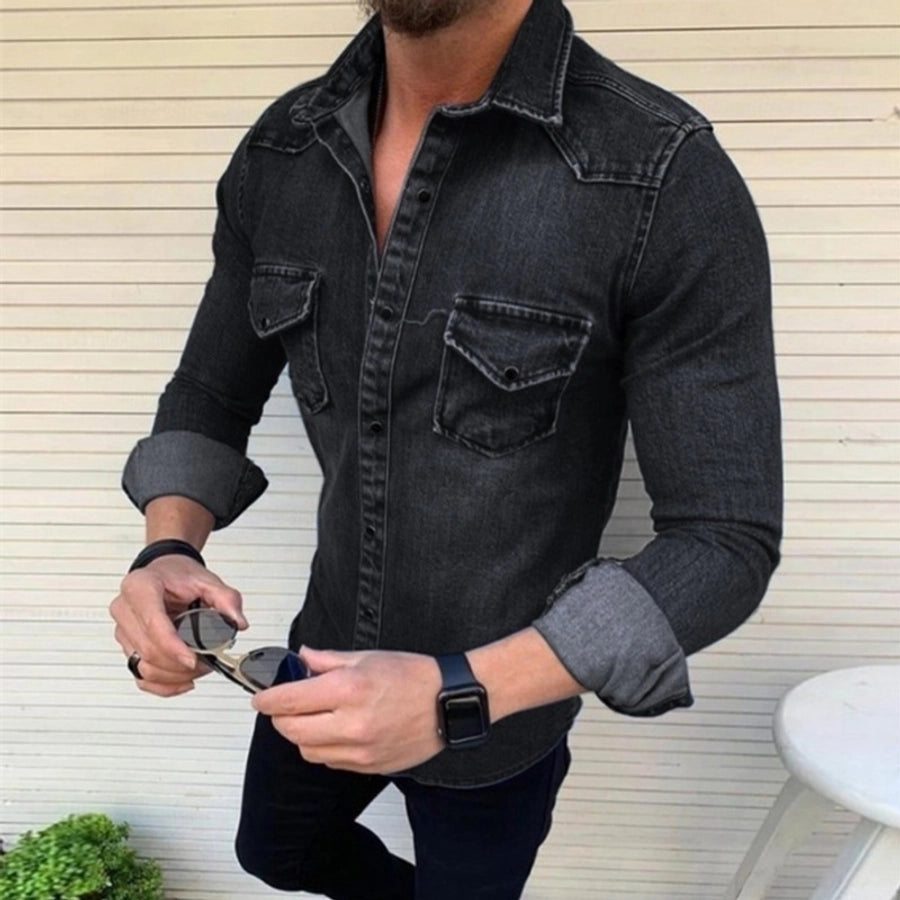 Men's Denim Style Turndown Long Sleeve Slim Men's Tops