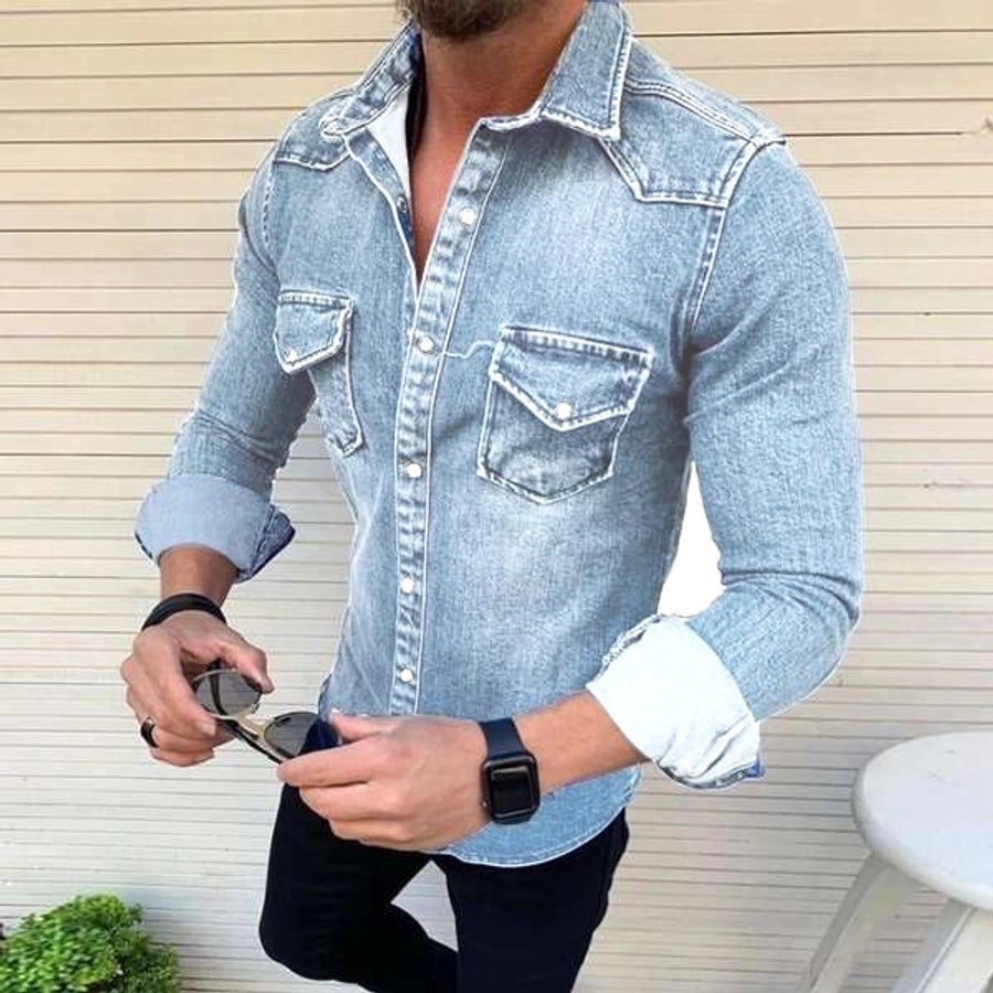 Men's Denim Style Turndown Long Sleeve Slim Men's Tops